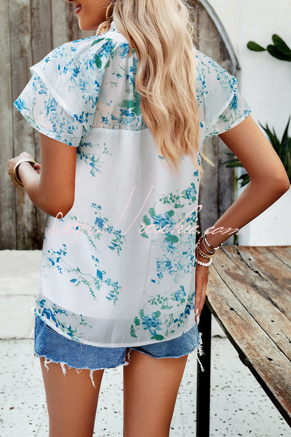 Floral Print Paneled Pleated Crew Neck Pullover Short Sleeved Top