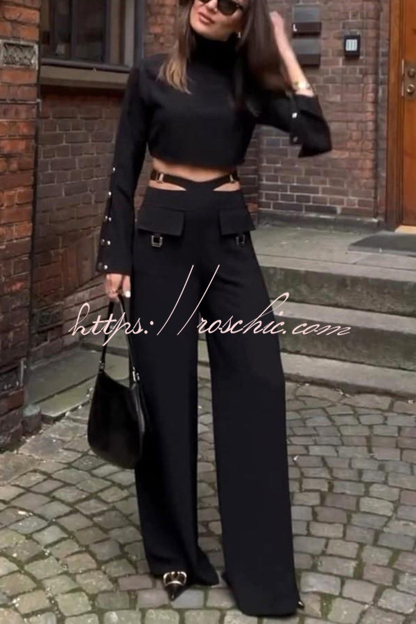 Leia High Neck Button Bell Sleeve Top and Cutout Waist Metal Pocketed Flare Pants Set