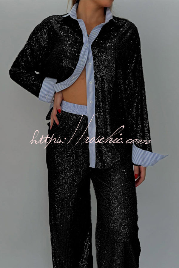 Fashion Sequined Loose Long-sleeved Shirt and Casual Elastic Waist Wide-leg Pants Set
