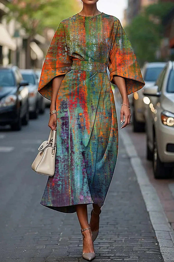 Unique Print Batwing Sleeve Waisted Casual Midi Dress