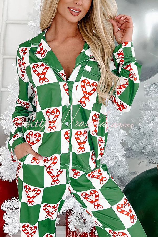 On Christmas Morning Candy Cane Printed Elastic Waist Pocketed Pajama Set