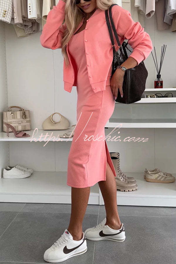 Comfort and Femininity Knit Ribbed Button Up Long Sleeve Bomber Jacket