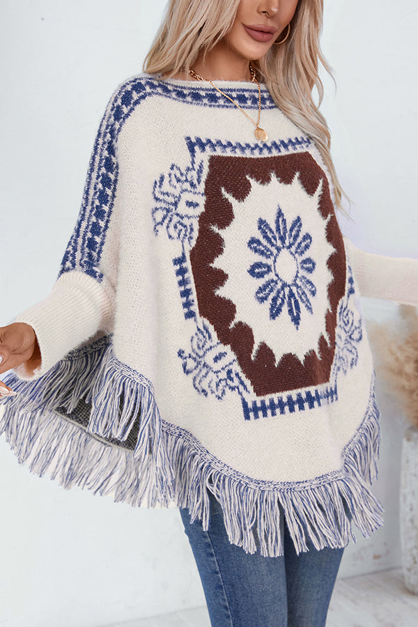 Ethnic Style Loose Long-sleeved Tassel Hem Knitted Sweater