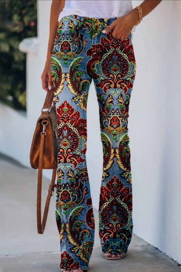 On A Drive Printed Faux Denim High Rise Flare Pants