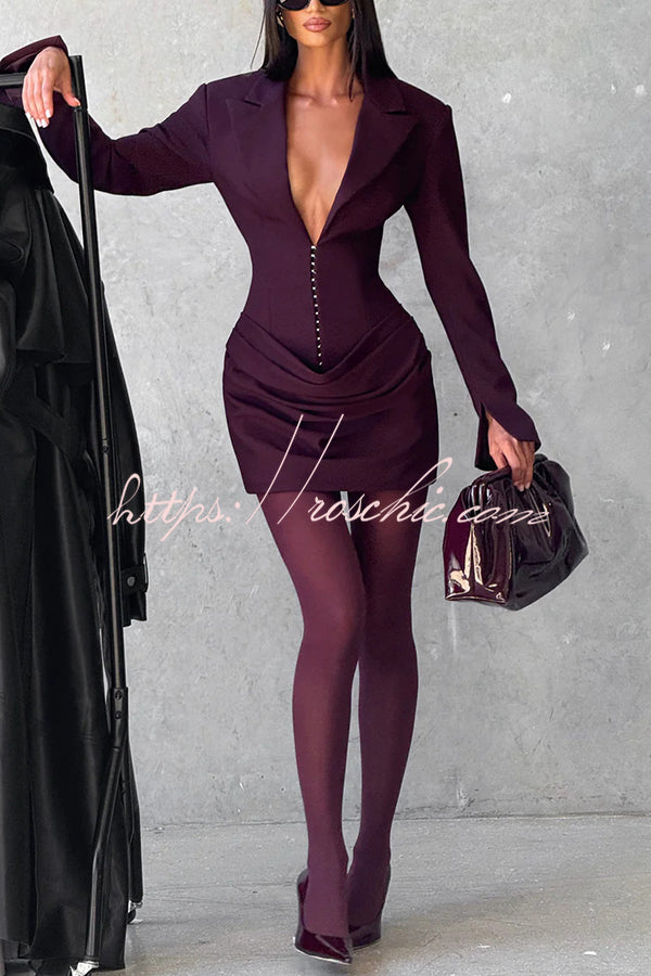 Solid Color Slim-fit V-neck Elegant Draped Formal Mini Dress