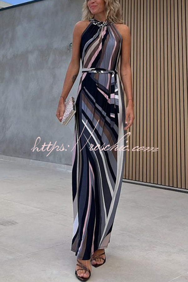 Flowing Elegance Colored Lines Printed Belt Halter Maxi Dress