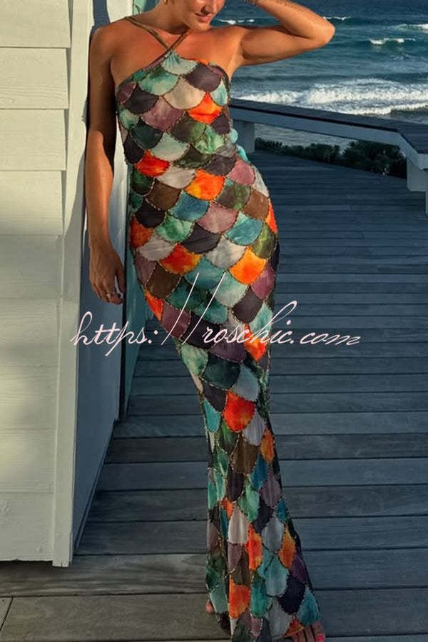 mermaid skin dress Little Mermaid Colorful Scales Print Halter Maxi Dress – roschic