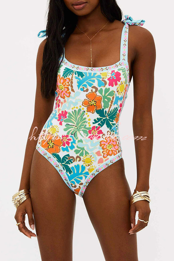 Tropical Sands Floral Unique Print Tie-up Shoulder Stretch One-piece Swimsuit