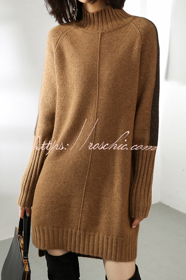 Dbfbdtu Knitted Turtleneck Slit Long Sleeved Mini Dress