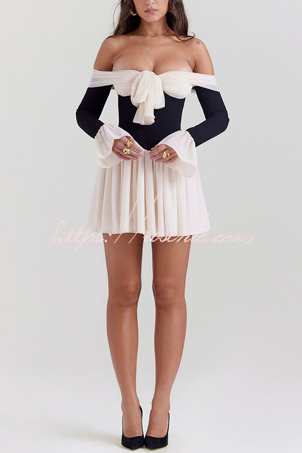 Dreamy Off Shoulder Color Block Bow Long Sleeve Mini Dress