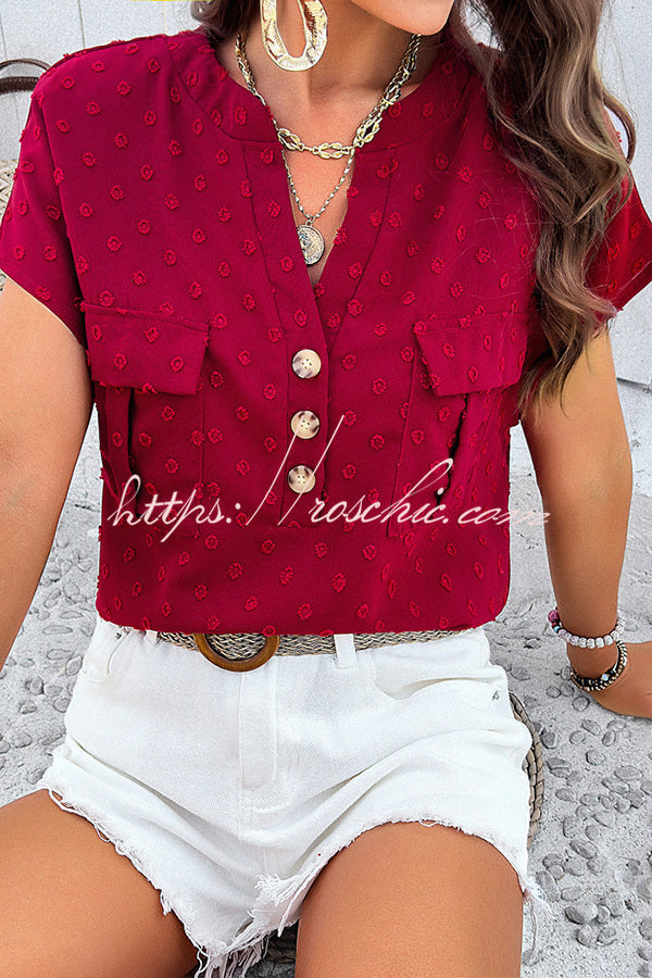 Simple Embroidered V Neck Pocket Button Down Short Sleeved Shirt