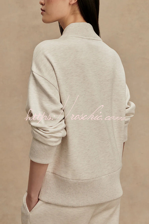 Meet The Autumn Ribbed Zipper Neck Sweatshirt and Elastic Waist Pocketed Loose Pants Set