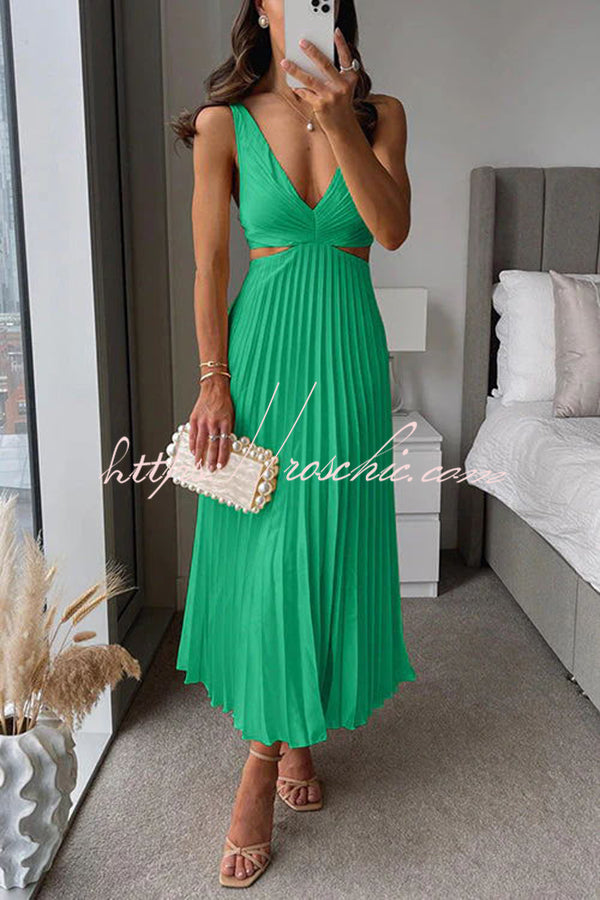 Summer Social Stain Pleated Cutout Waist Loose Midi Dress