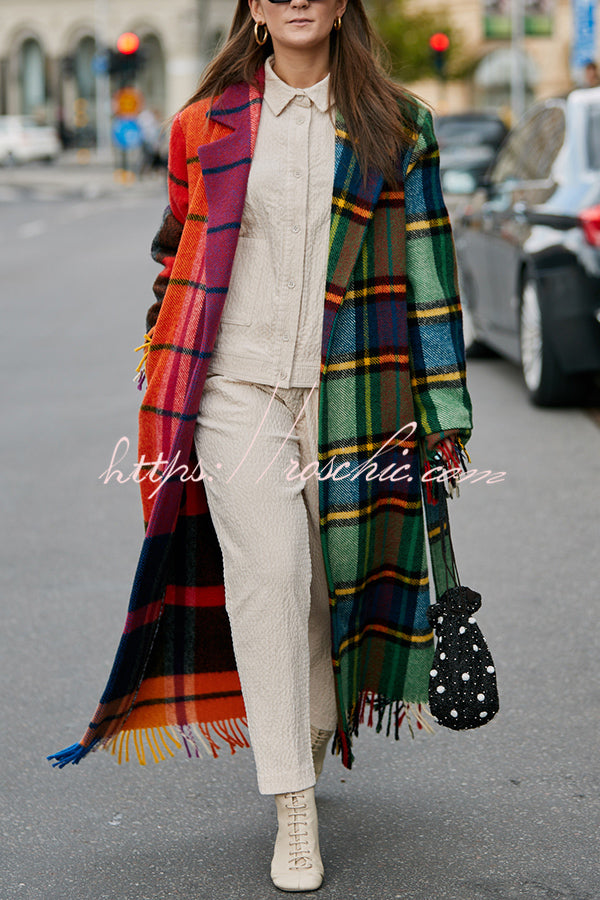 Fashionable Color-block Plaid Print Lapel Long-sleeved Casual Long Coat