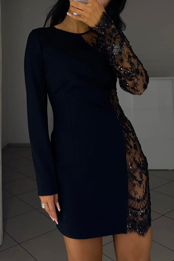 Cocktails First Floral Sequin Bead Patchwork Long Sleeve Mini Dress, Black / L Cocktails First Floral Sequin Bead Patchwork Long Sleeve Mini Dress, Black / L