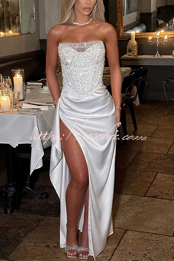 Amazing Dream Sequin Satin Patchwork Off Shoulder Ruffles Drape Slit Maxi Dress