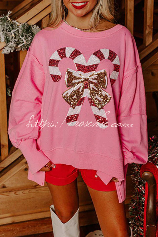 Candy Cane Lane Sequined Pullover Long Sleeved Sweatshirt