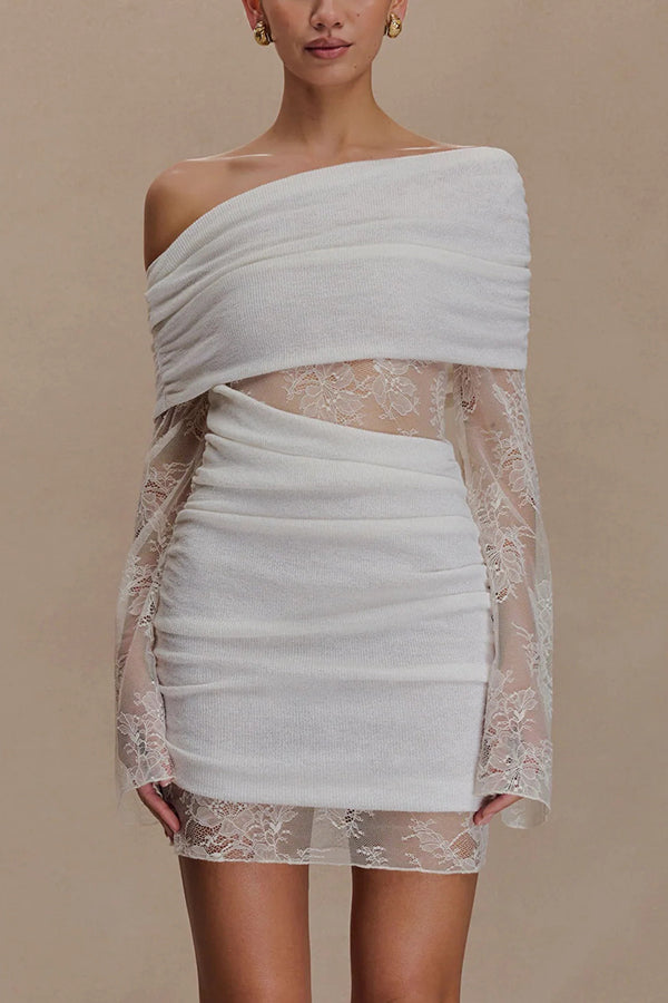 Fashion Lace Panel Long Sleeve Slim Fit Knit Mini Dress