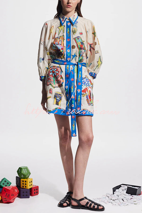 Linen Blend Unique Printed Balloon Sleeve Pocket Tie Waist Mini Dress