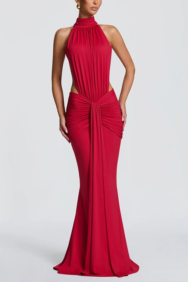 Thekla Stretch Slinky Jersey High Neck Ruched Backless Drape Maxi Dress