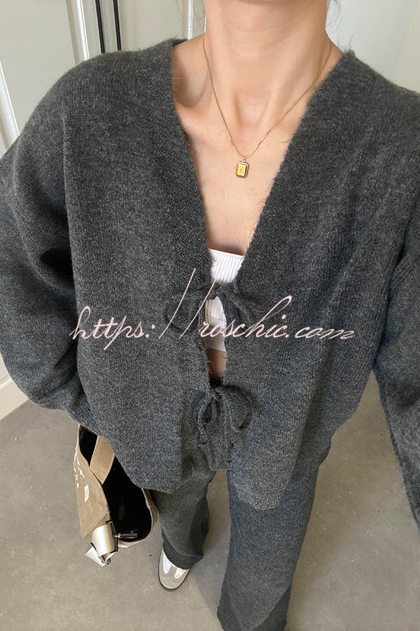Solid Color V-neck Tie Long-sleeved Loose Knit Cardigan and Elastic Waist Casual Straight Leg Pants Set