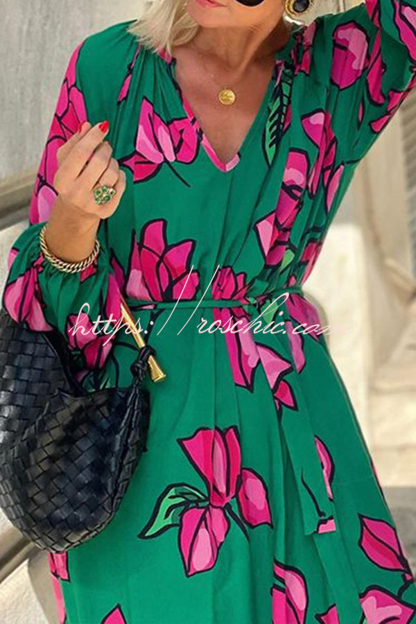 Gramercy Garden Floral Print Pocket Belted Long Sleeve Maxi Dress