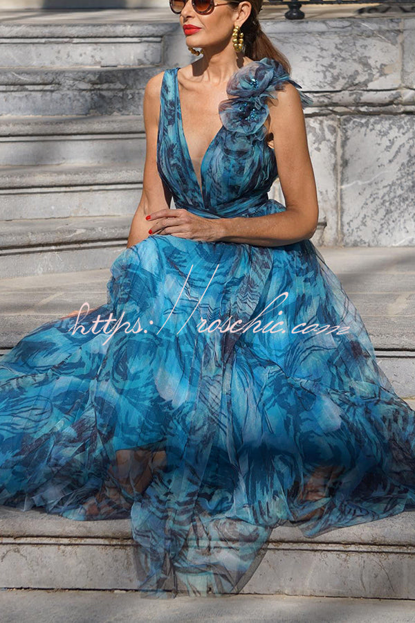 Elegant Romance Tulle Printed Pleated Flower Pendant Maxi Dress