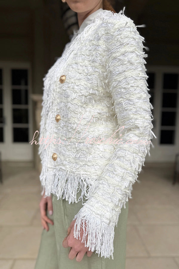 Solid Color Metal Button Long Sleeve Elegant Tassel Top