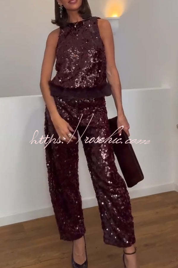 Gala Goddess Sequin High Rise Zipper Waist Wide Leg Pants