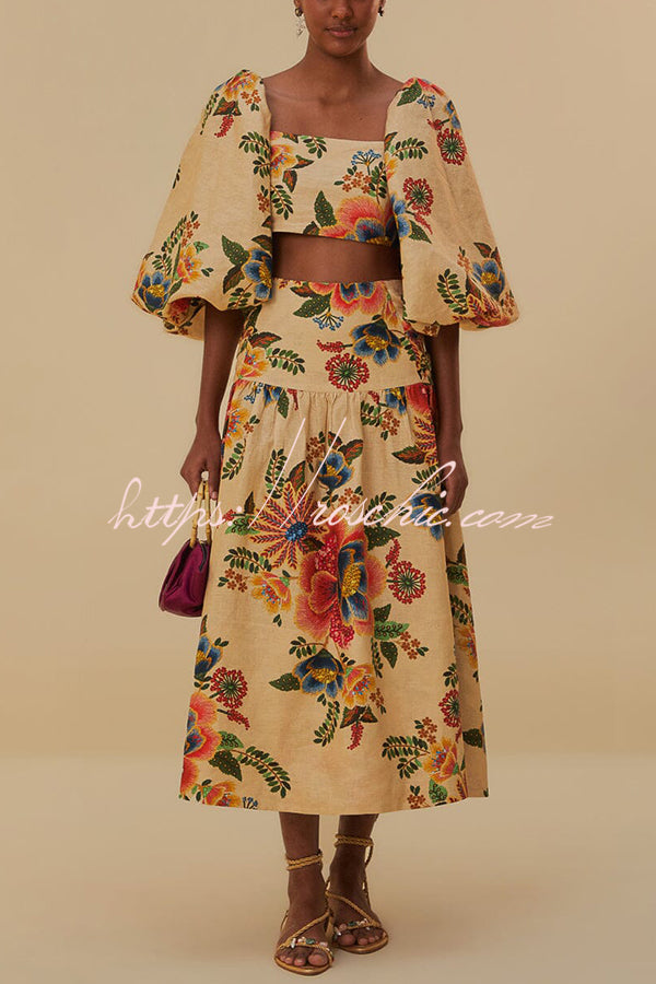 Jungle Style Linen Blend Floral Print Puff Sleeve Crop Top and High Waist Midi Skirt Set