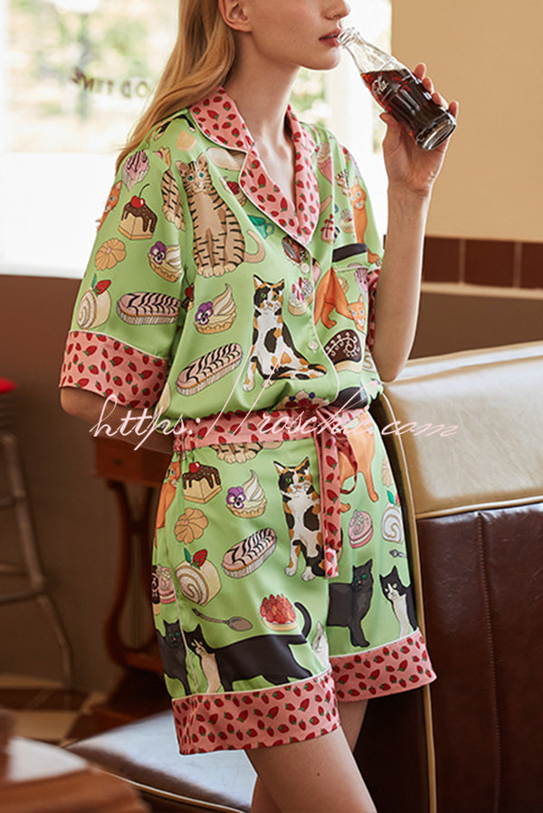 Coffee Cat Print Home Shorts Two-piece Set