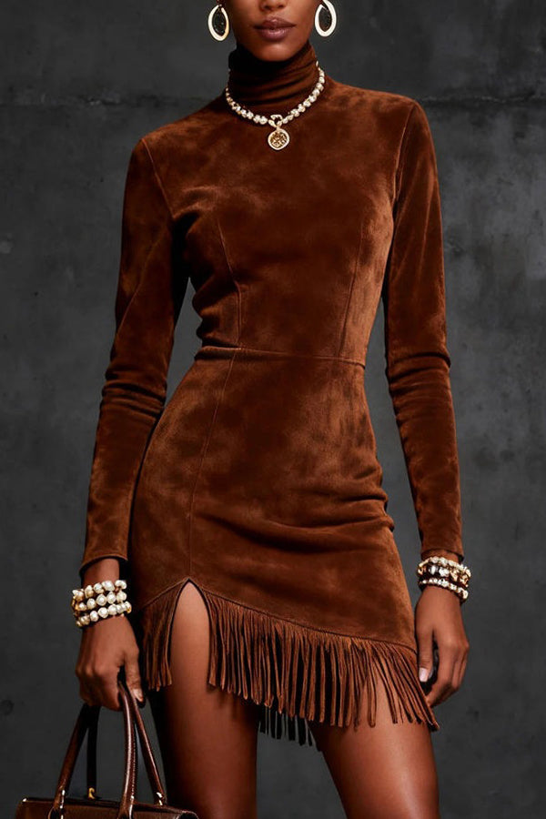 Stylish Suede Turtleneck Long-sleeved Slim-fit Tassel Mini Dress