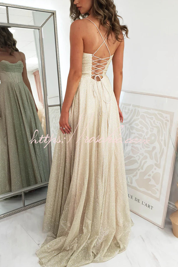 Cinderella Glitter Tulle Fabric Cowl Neck Back Lace-up Pocketed Slit Maxi Dress