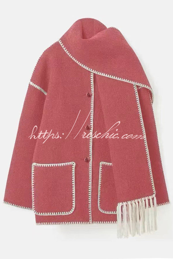 Stylish Loose Pocket Long Sleeve Coat and Warm Fringed Scarf