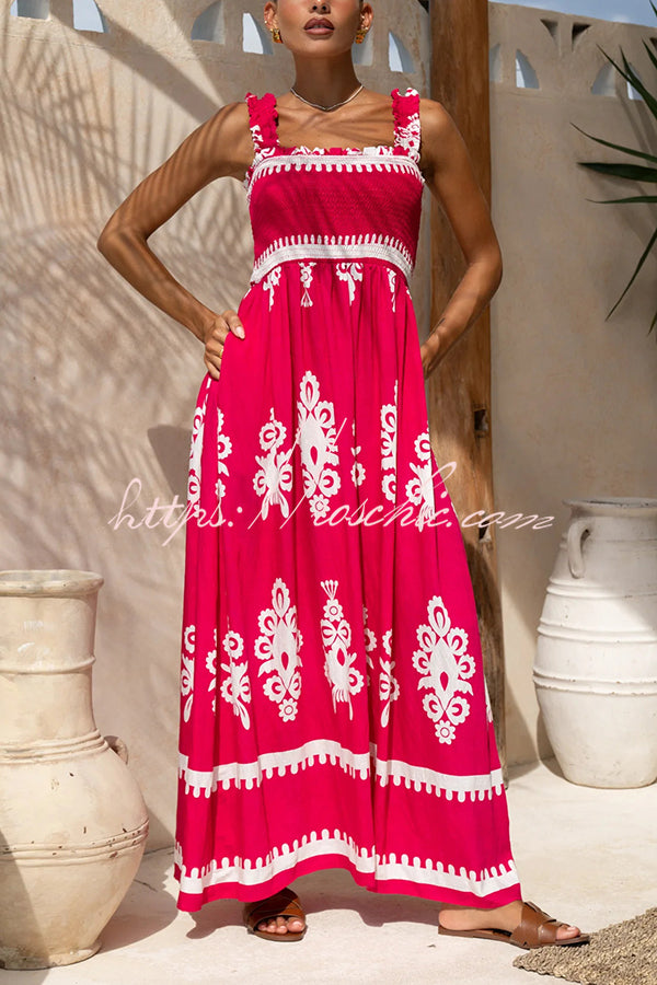 National Boho Style Unique Print Smocked Bust Wide Strap Pocket Maxi Dress