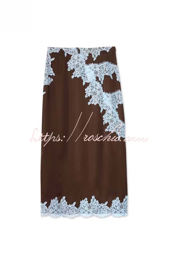 Sunday Social Contrast Color Satin Lace Trim Mid Rise Maxi Skirt (Shipped Within 24 Hours)