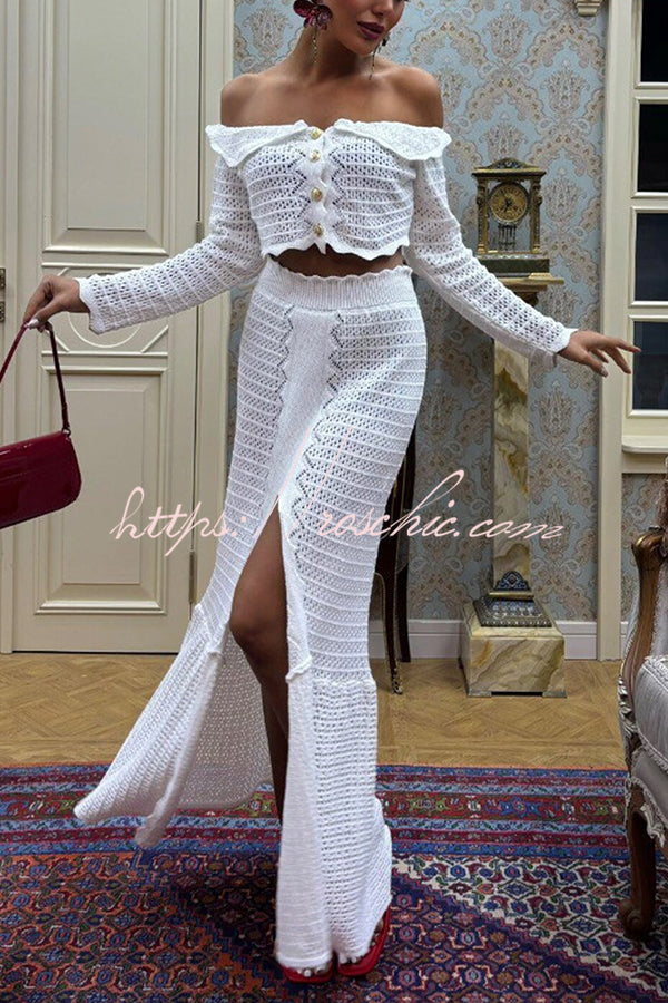 Fashion Knitted Off-the-shoulder Long-sleeved Top and Elastic Slit Maxi Skirt Set