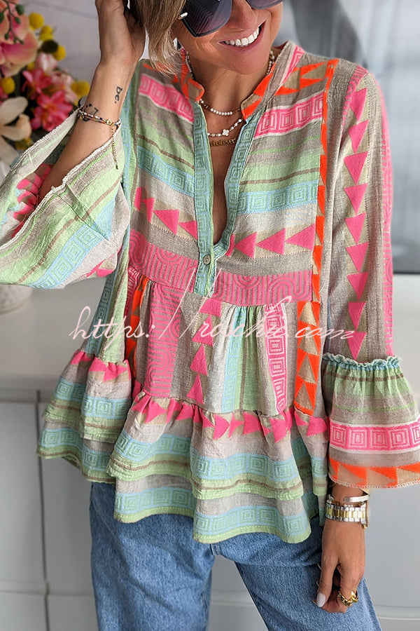 Phylis Linen Blend Colorful Ethnic Print Bell Sleeve Babydoll Blouse