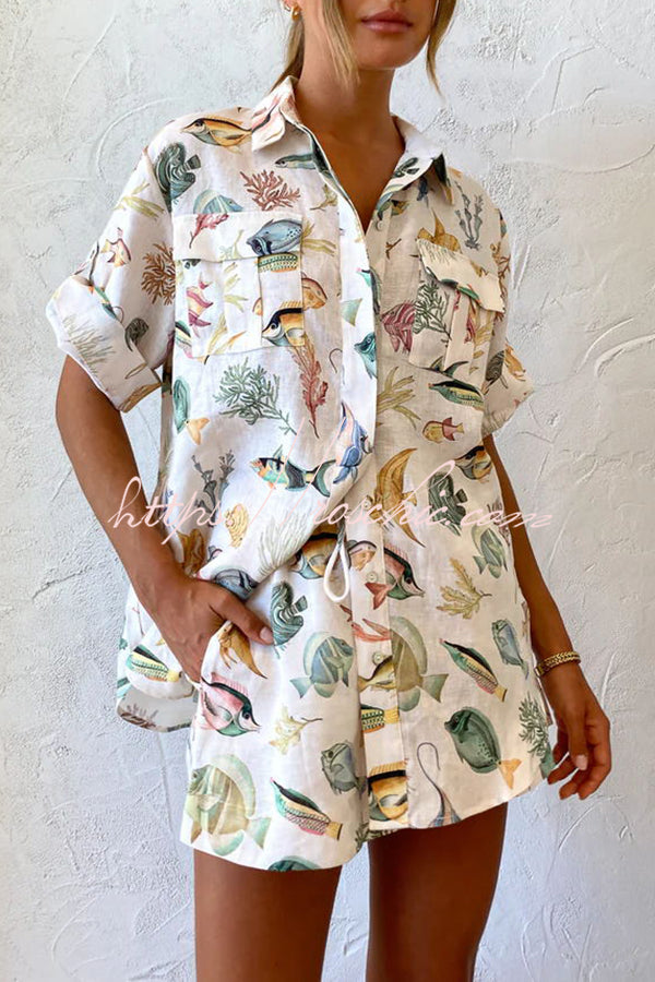 Ocean Legend Linen Blend Sea Fish Print Blouse and Elastic Waist Pocketed Shorts Set