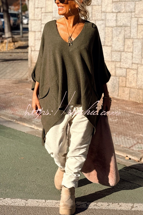 Fashion V-neck Loose Pocket Mid-length Knitted Sweater