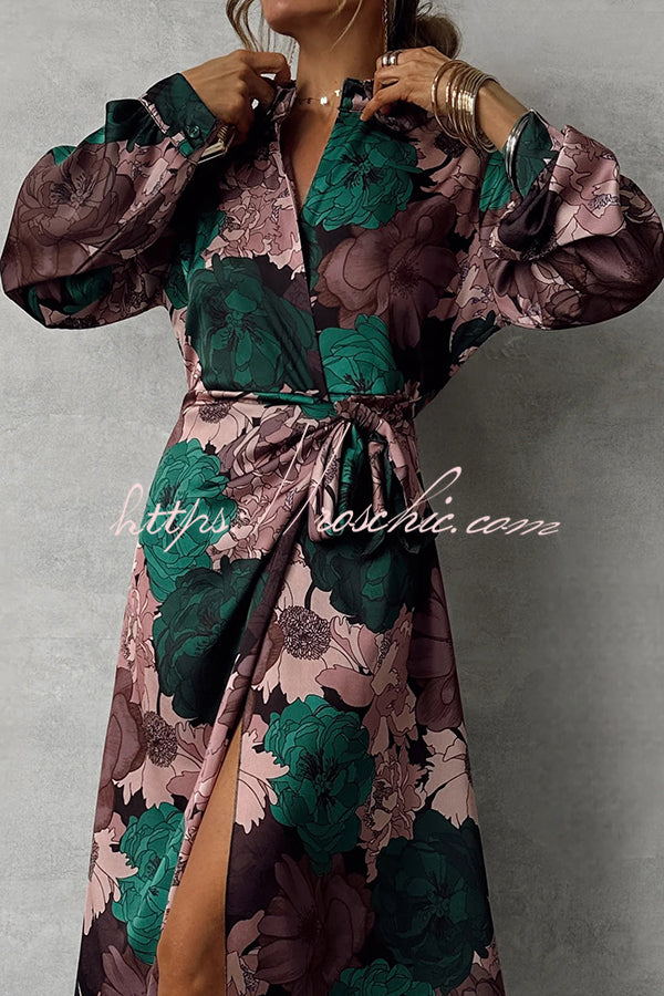 Floral Print Lapel Waisted Lace-up Long-sleeve Maxi Dress