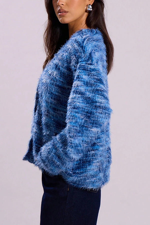 Fashionable Mixed Color Loose V-neck Casual Knit Cardigan