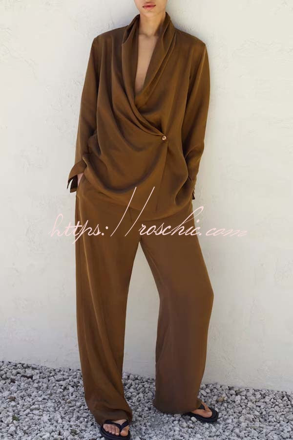 Bella Satin Drape Collar Single Button Casual Blazer and Elastic Waist Pocket Loose Pants Set