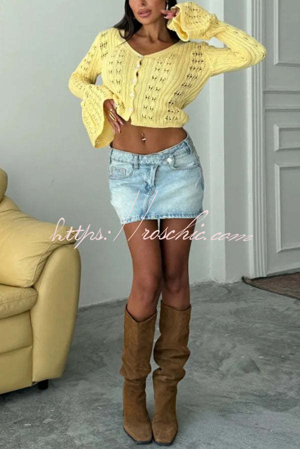 Fashion Hollow Button Long Sleeve V-neck Knitted Cardigan