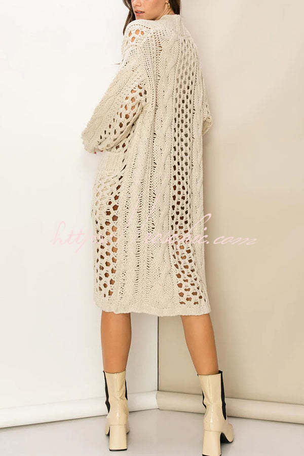 Jamila Knit Cable Cotout Long Sleeve Pocket Oversized Midi Cardigan