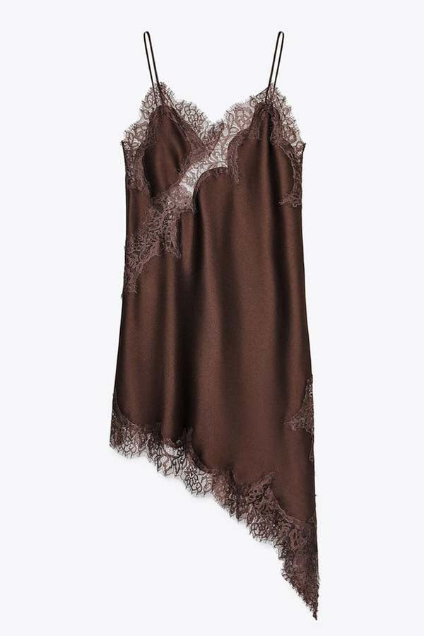 Elouise Satin Lace Trim V-neck Asymmetrical Hem Slip Mini Dress