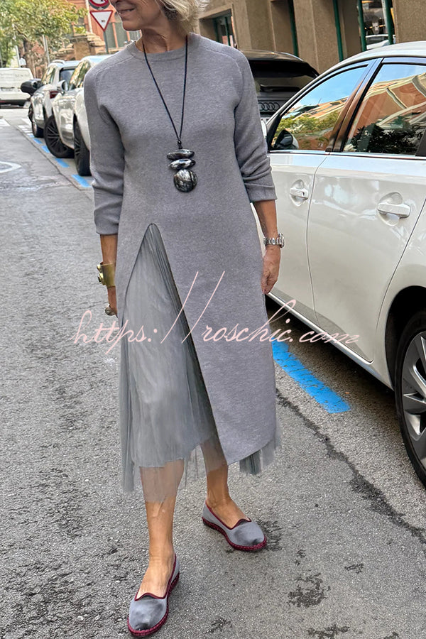 Jollie Knit Long Sleeve Front Slit Midi Sweater and Pleated Tulle Stretch Tank Midi Dress Two-piece