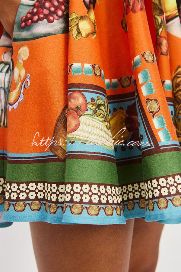 Linen Blend Unique Print Suspender Tie Casual Mini Dress