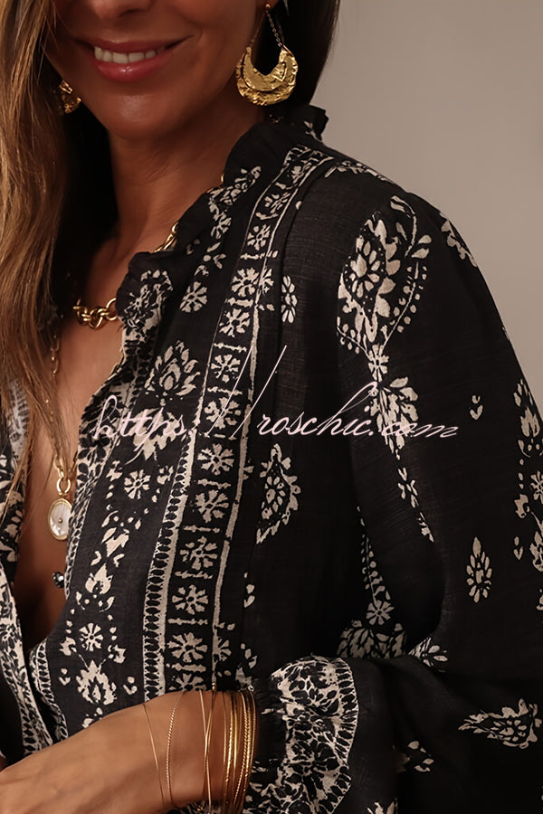 Unique Print Long-Sleeved Button-Up Elegant Shirt