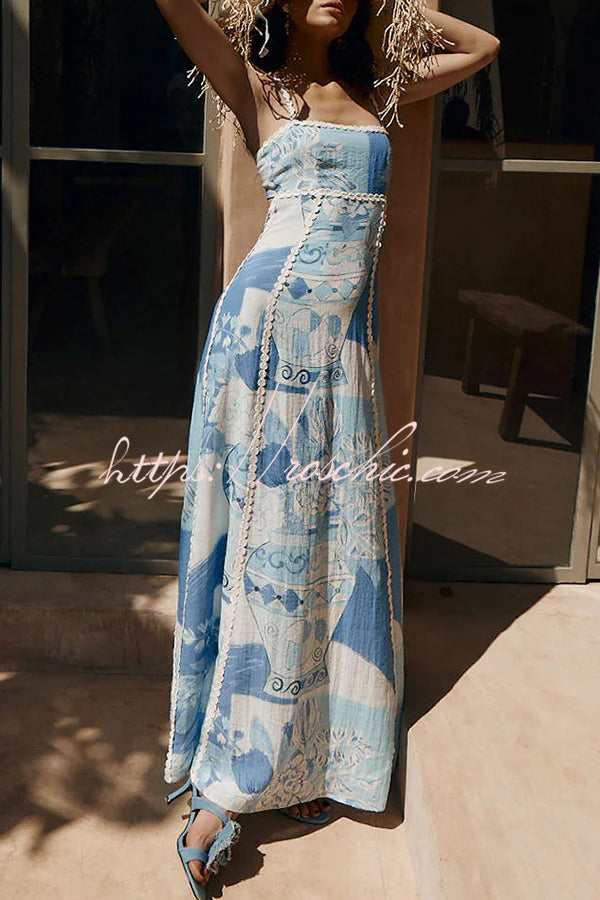Terazza Ric Rac Linen Trims Unique Print Back Tie-up Slip Flared Linen Maxi Dress, Blue / 2XL Terazza Ric Rac Linen Trims Unique Print Back Tie-up Slip Flared Linen Maxi Dress, Blue / 2XL